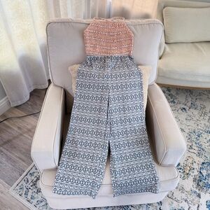 Zara Coral Knit Top with Navy Printed Wide-Leg Jumpsuit Size 10 Crisscross Strap